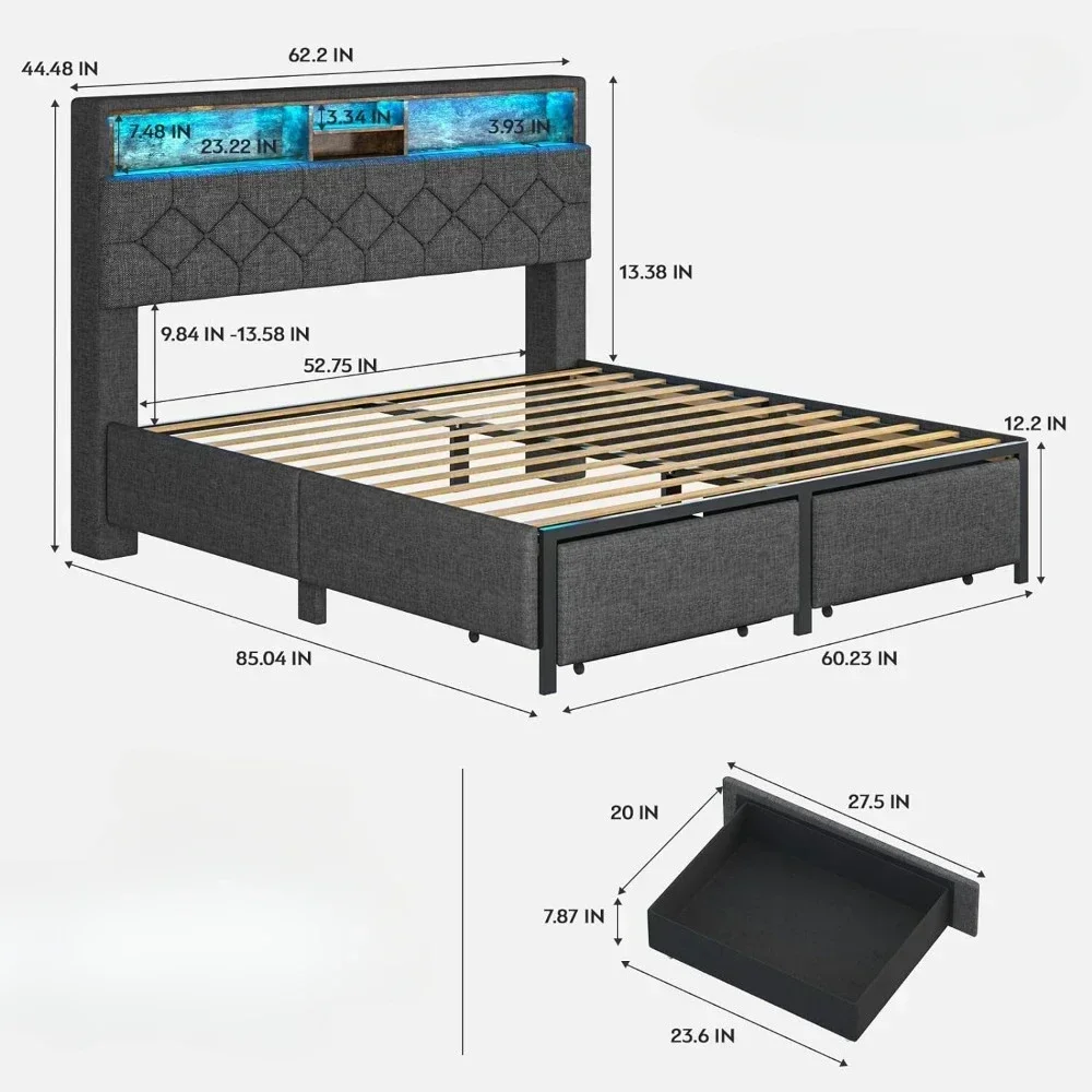 ##For LED Bed Frame with Headboard, Queen Platform Bed Frames with Storage Drawers and Charging Station, Queen Size Bed Frame& - view 6