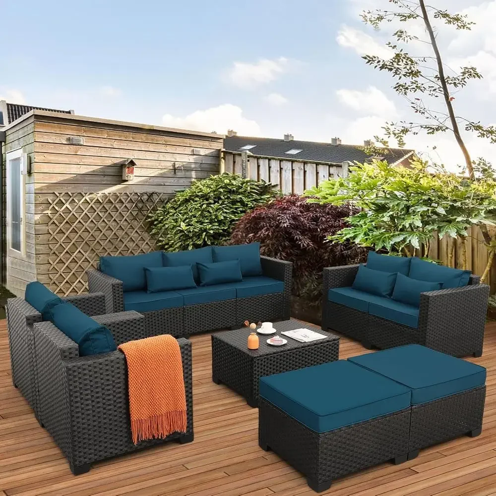 

7-Piece Outdoor Patio Furniture Set with Peacock Blue Cushions, Anti-Slip and Waterproof Covers