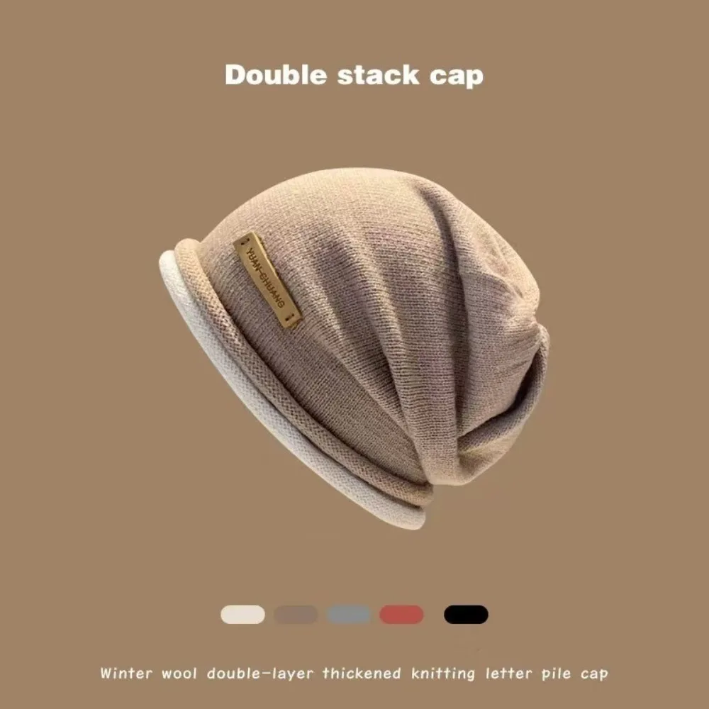 

Fashion Keep Warm Knit Hat Big Head Round Fabric Label Winter Cap Windproof Ear Protector Hat Women Men
