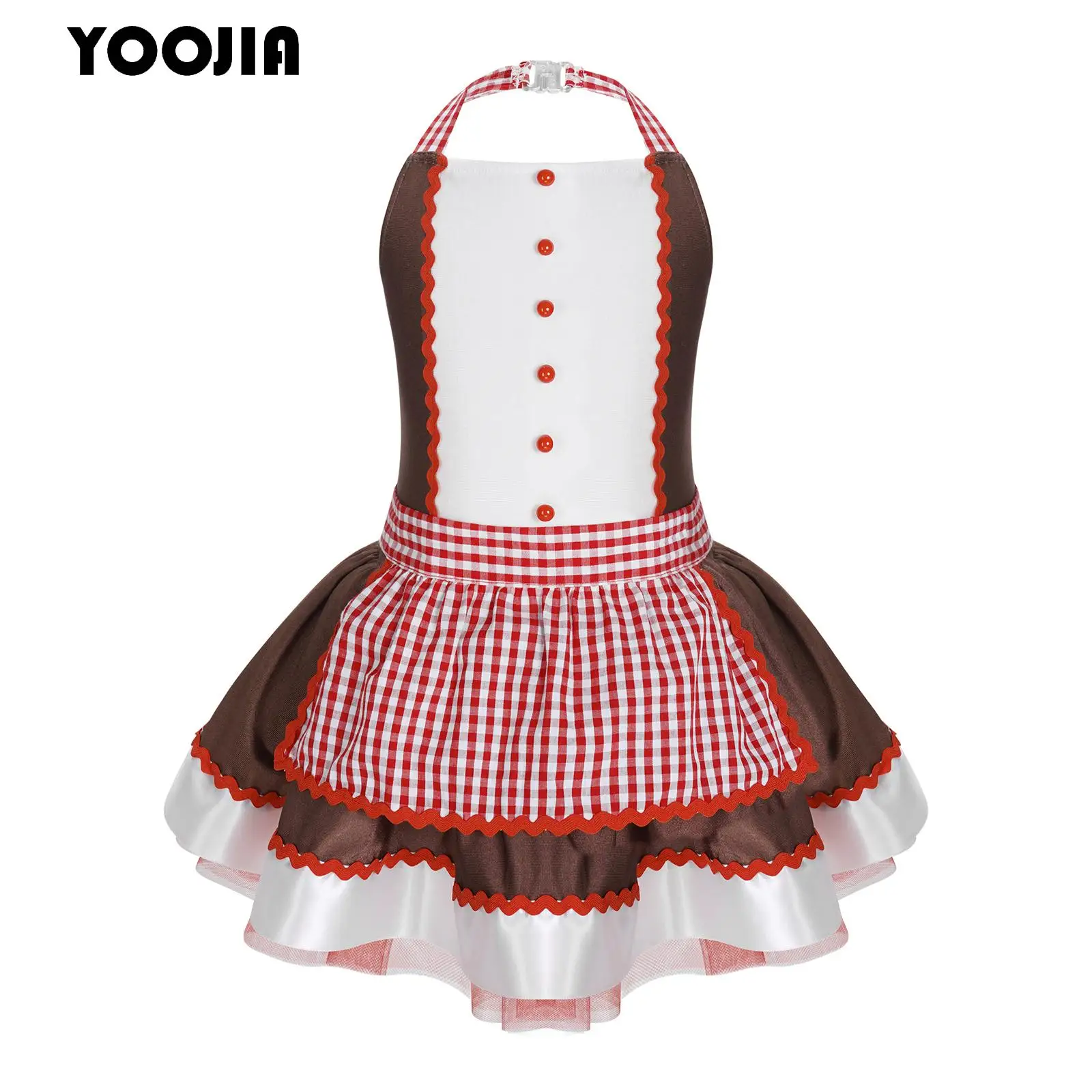 

Kids Girls Christmas Gingerbread Man Costume Halter Neck Striped Bowknot Apron Tutu Dress Xmas Holiday Ballet Leotard Dancewear