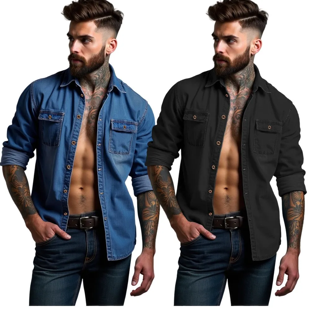 Immagine 5: Camicia Cardigan Patchwork con Dettaglio di Cucitura sul Revers, Vestibilità Regolare, Stile Europeo e Americano, Manica Lunga, Estiva, per Uomo