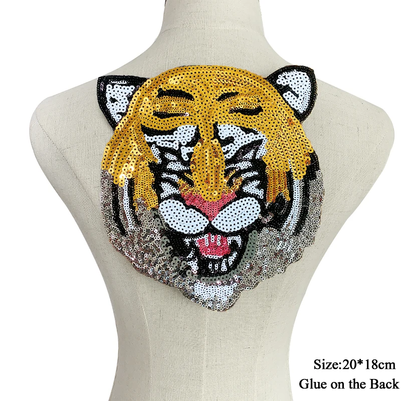 Tiger Sequins Embroidery Patches, Cartoon Animal, Large Embroidery Patches for Clothes, Jacket, Jeans Applique, Iron On Patches