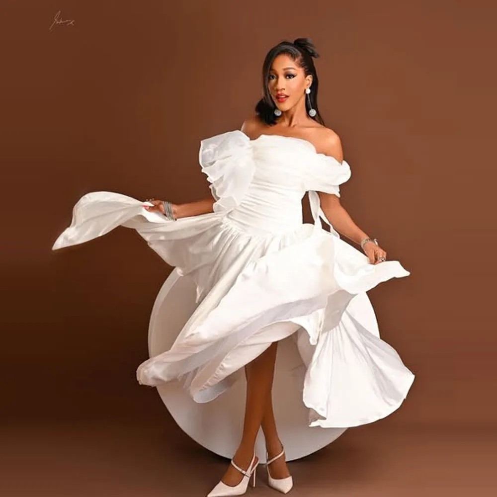 

Modest White One Shoulder A-line Women Dresses Lace Up Back Pretty Ankle Length Party Dress