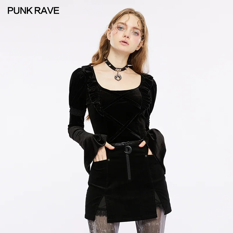 

PUNK RAVE Women's Gothic Velvet Square Neckline Cross Straps Puff Sleeves T-shirt Daily V-shaped Hem Splicing Ruffle Women Tops