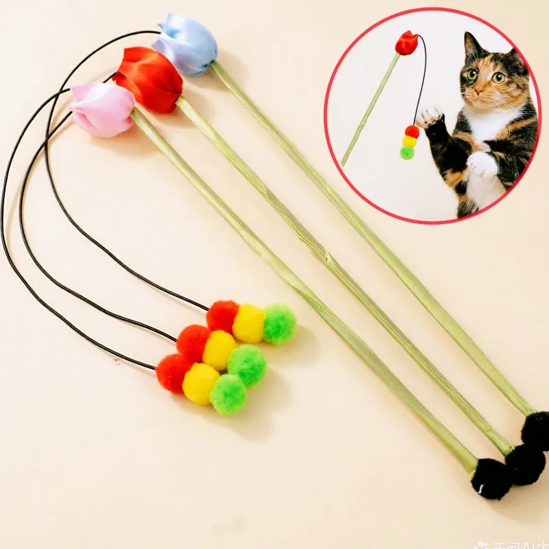 

Cat Toys Colorful Flower Stick Cat Toys Interactive Wool Ball Tassel Sticks Toy for Cats Scratching Long Handle Toy Pet Products