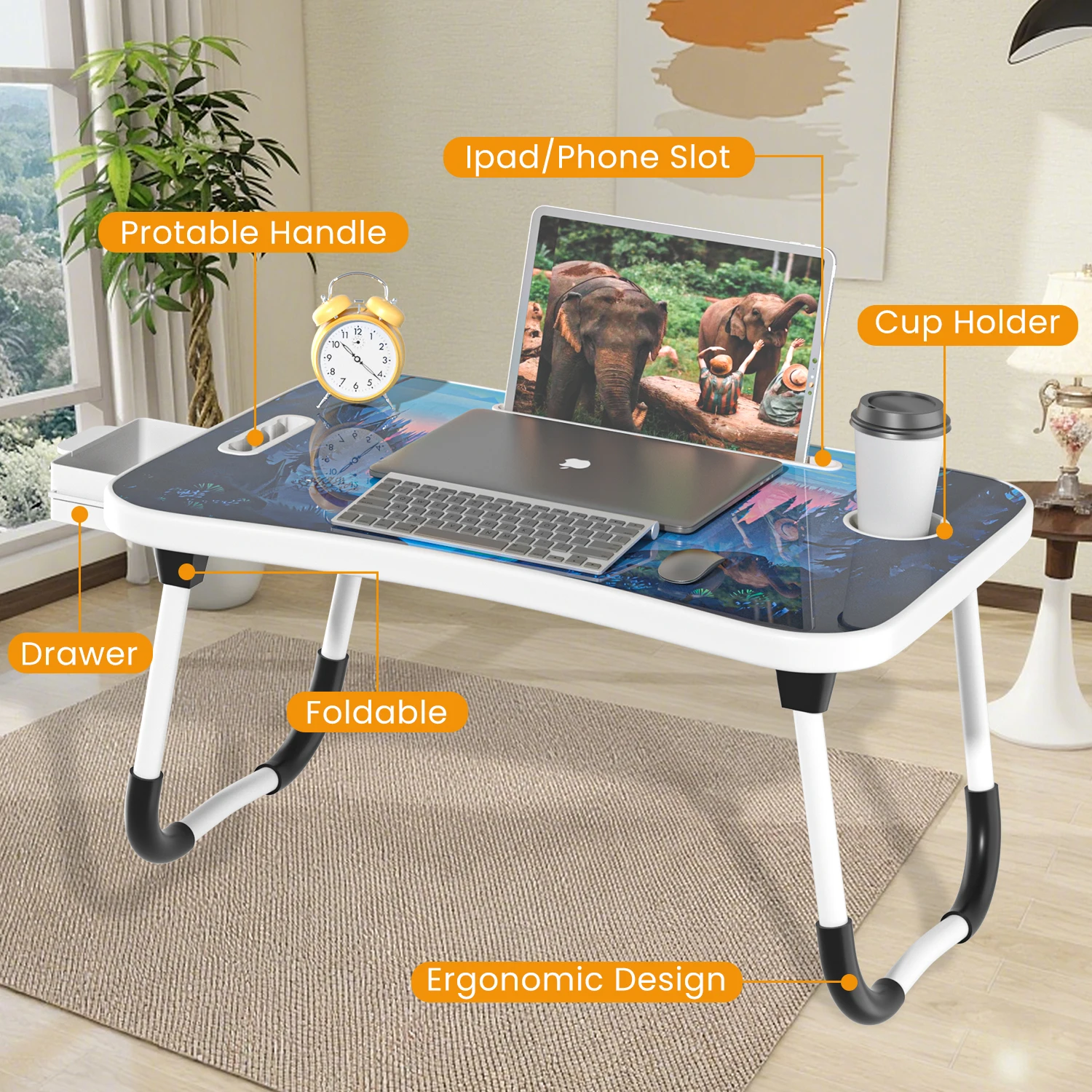 Extra-Large Multifunctional Folding Table, Portable Multi-Color Wooden Laptop Desk with Cup Holder, Ideal for Work and Reading