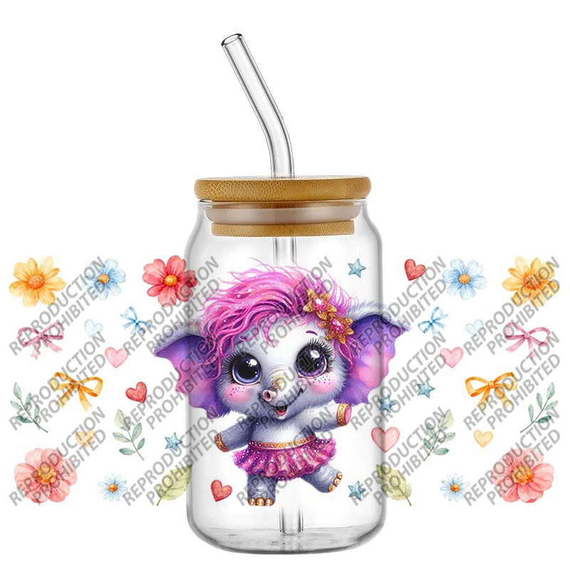 Cute Floral Baby Elephant UV DTF Cup Wrap Stickers Waterproof No Heat Transfer for 16oz Libbey Glass Can Tumbler Decal