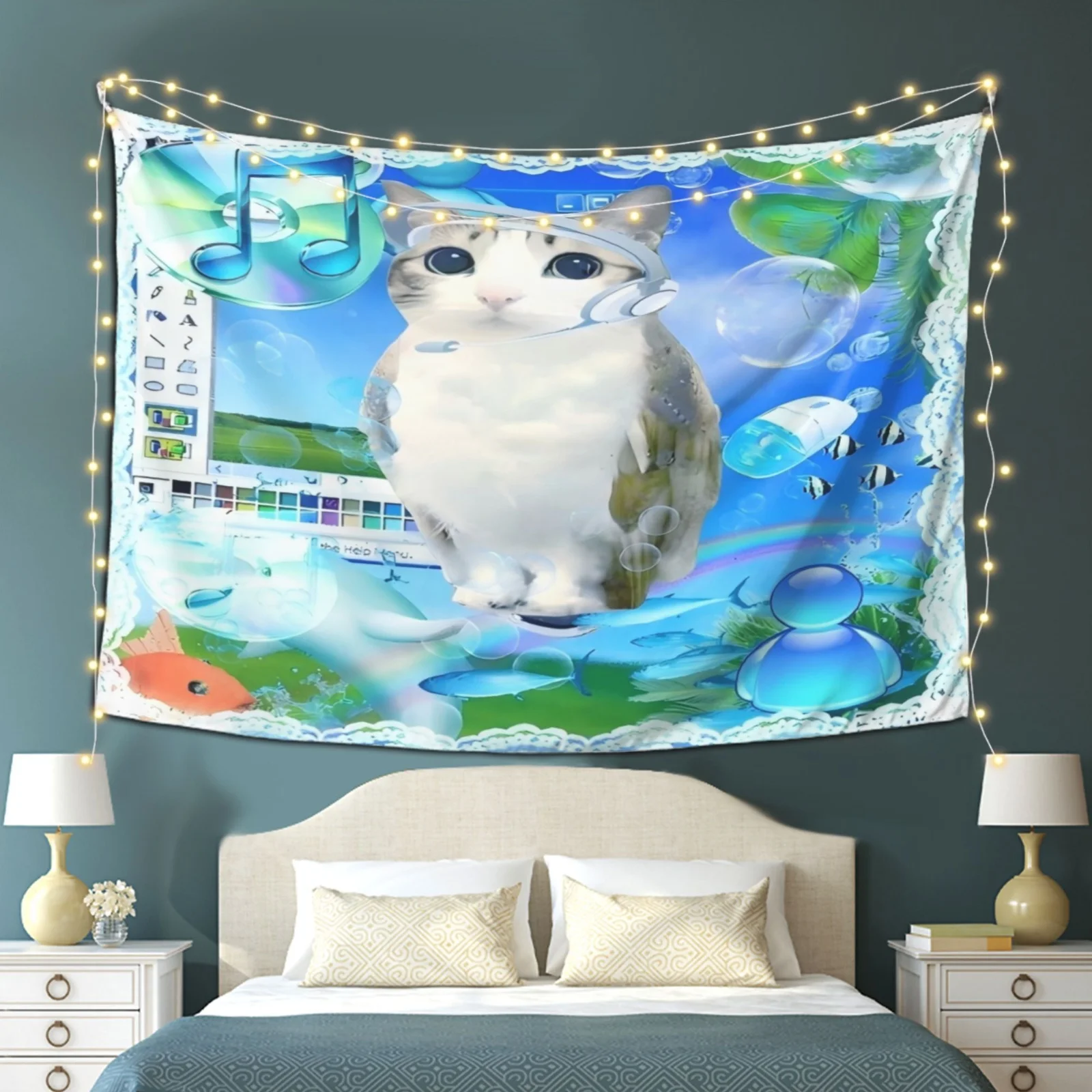 VIKAMA Millennium Y2K Wind Earphones Cat Tapestry Retro Steam Wave Ocean Elements Anime Style Kawaii Decor Cute Cartoon