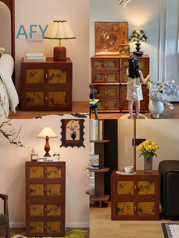Retro Solid Wood Bedside Table for Home Decor Living Room Bedroom Storage Cabinet Multilayer Drawer Nightstand Furniture for