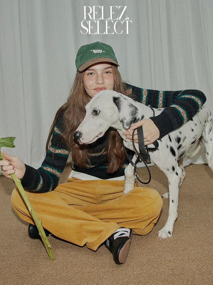 

Relez Wool Knitted round Ne Fair Isle Retro Stripes Sweater Women's Casual Open Cardigan Autumn Faion American Sle