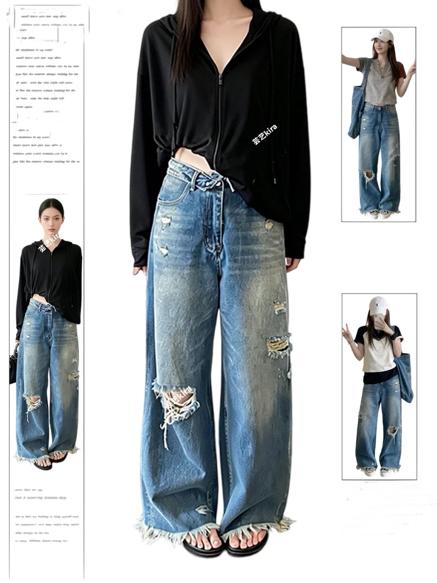 

Retro American Torn Denim Jeans Women's Street Fashion High Waist Wide Leg Pants Casual High Waist Straight Cut Jeans