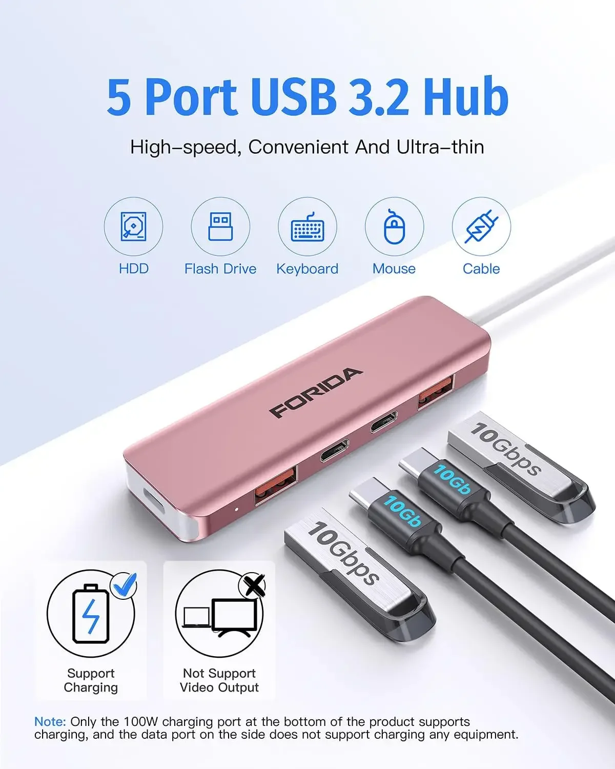 10Gbps USB Hub 3.2 Gen2 Aluminum 5 Port USB a & C Splitter Type C Adapter for MacBook PC Laptop High-Speed Data Transfer