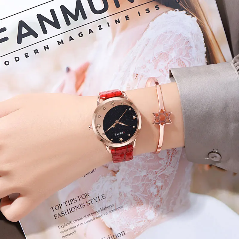 ساعة نسائية بحزام جلدي ، سماء القمر المرصعة بالنجم ، ساعة كوارتز ترفيهية لطيفة ، طراز الكلية ، الموضة العصرية #5