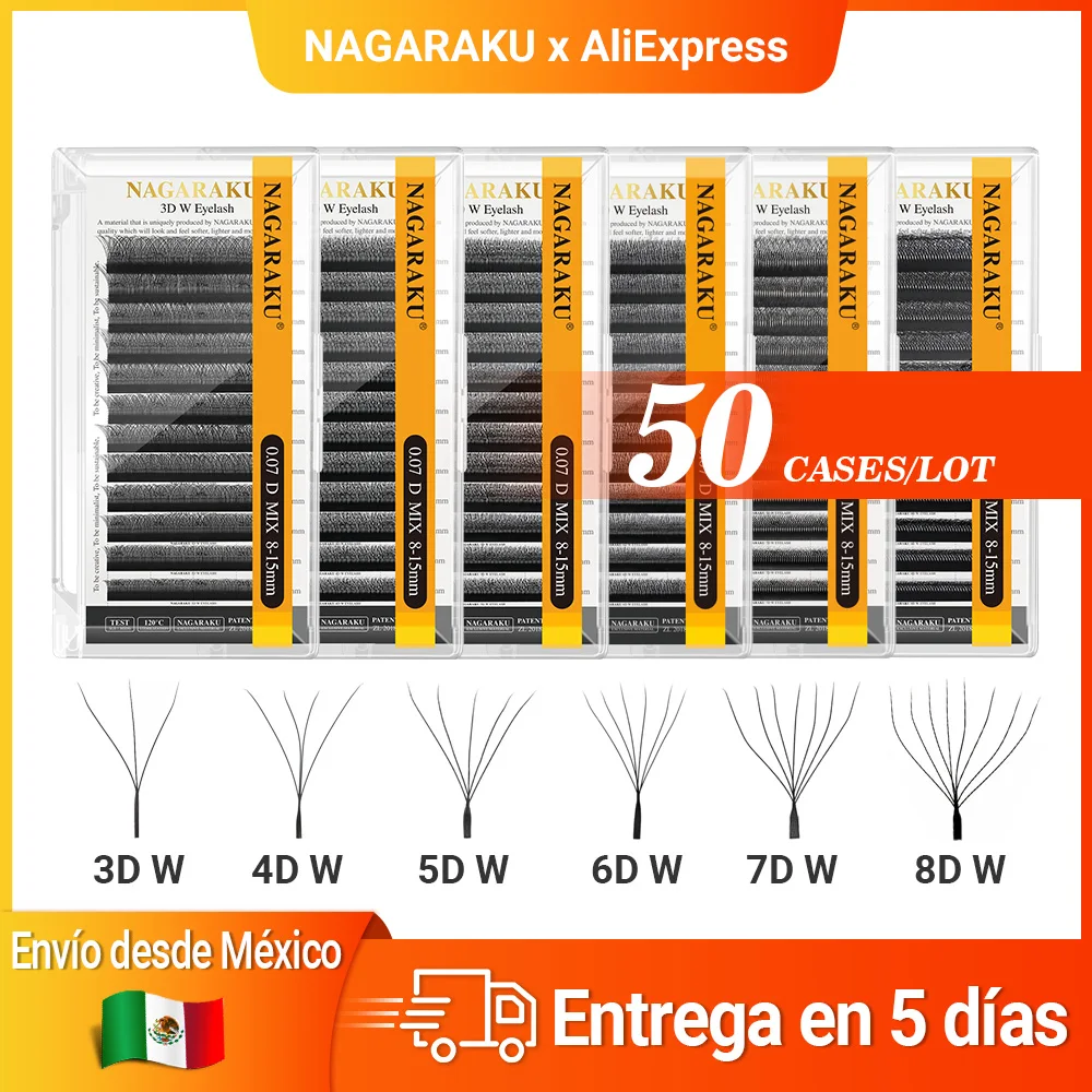 Extensiones de Pestañas Preformadas NAGARAKU en Forma de W 3D 4D 5D 6D 7D 8D, 50 Estuches, Envío Rápido y Gratuito desde México