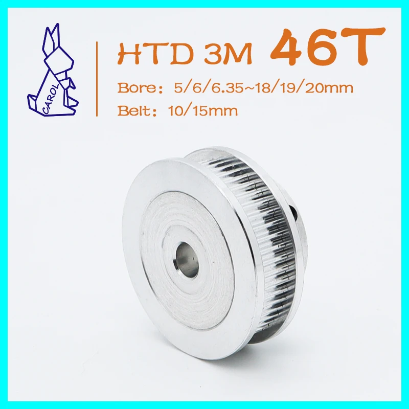 46T 46Teeth HTD 3M Timing Pulley Bore 5 6 8~18 19 20mm Belt Width 10/15mm HTD3M Timing Belt Pulley 3M 46 Teeth Synchronous Wheel