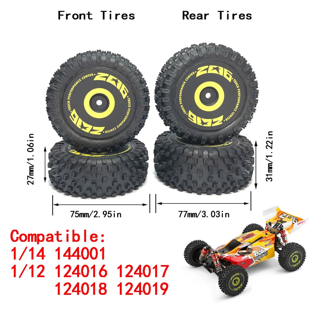 Set De 4 Pneus RC 71mm – Orange – Compatible WLtoys 144001, 124018 – Hex 12mm