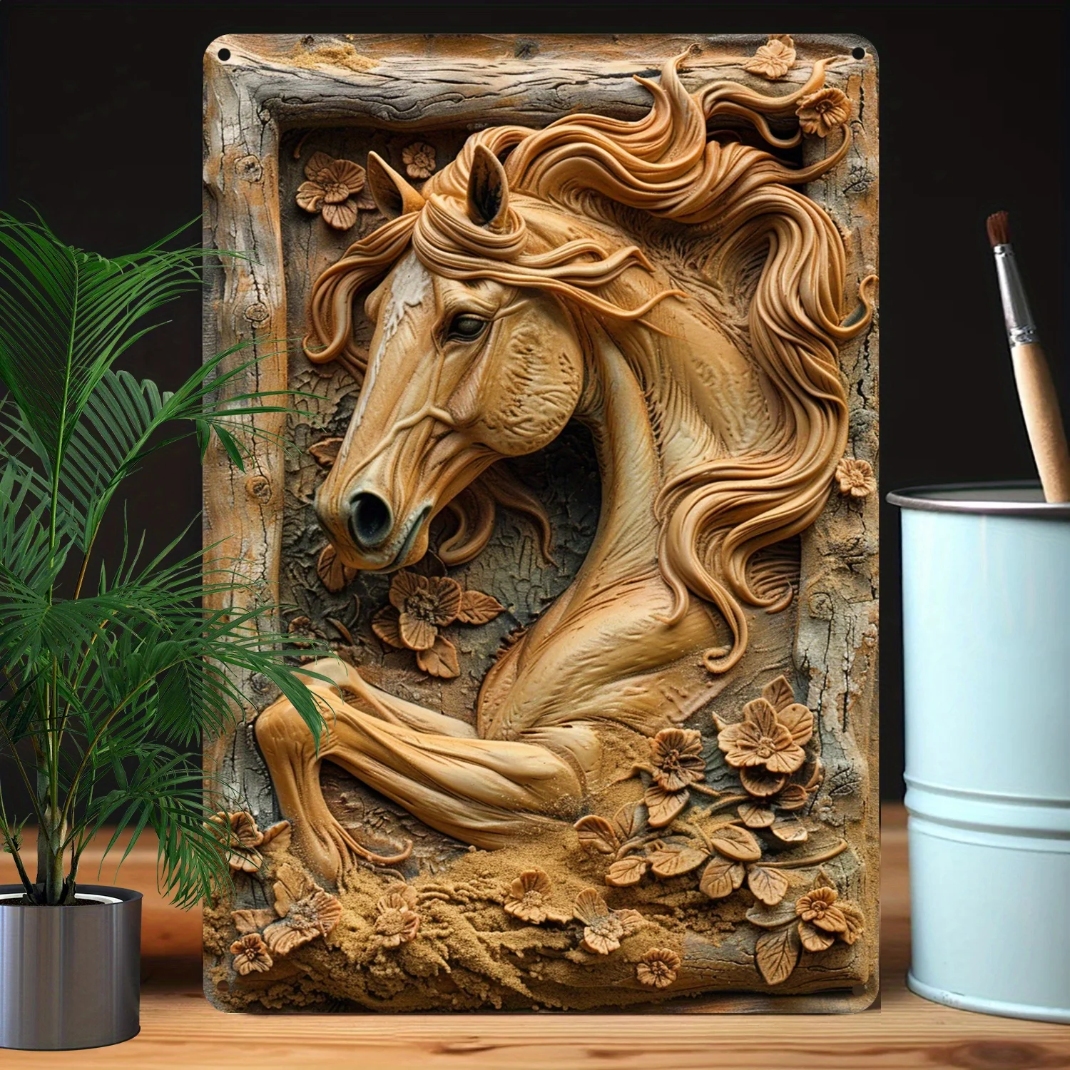 Aluminum Horse Wall Art, 1pc 8x12 Inch Moisture-Resistant 3D Relief Horse Sculpture Decor, High Bend-Resistance Metal Tin Sign