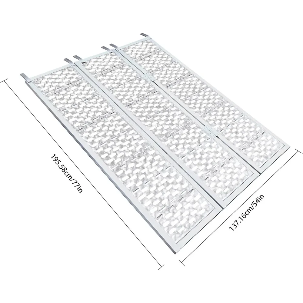 Rampas de carregamento de alumínio triplas de 54 "L x 77" L Rampa dobrável com capacidade de 1500 libras com correias de carga e gancho superior extra-largo antiderrapante