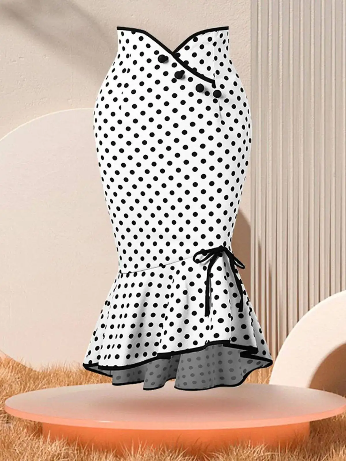 

Retro Polka Dot Women's Fitail Dr with Ruffles Cleanfit Sle mid Waist H-ape Batwing Sve Casual Bodycon Skirt