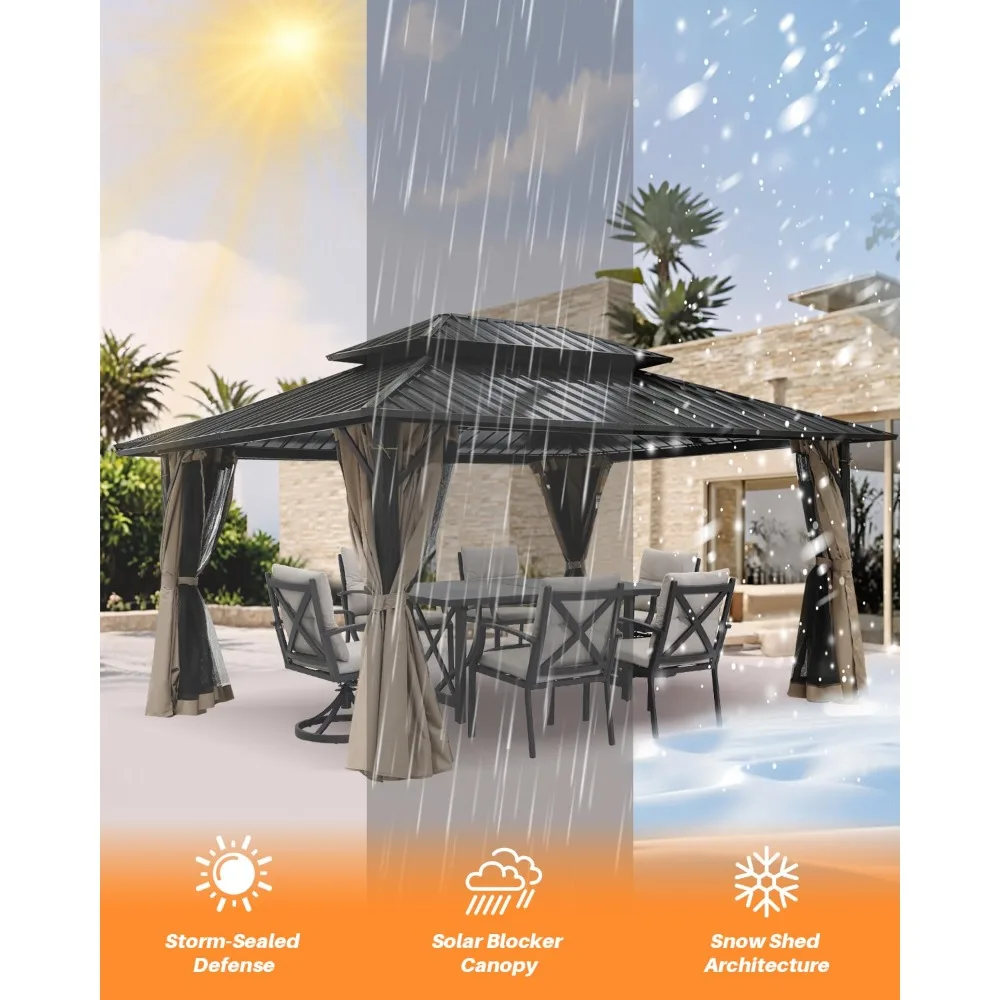 

10' x 12' Hardtop Gazebo, Aluminum Frame Outdoor Patio Gazebo with Netting and Curtains, Outdoor Hardtop Gazebos, Patio Pergolas