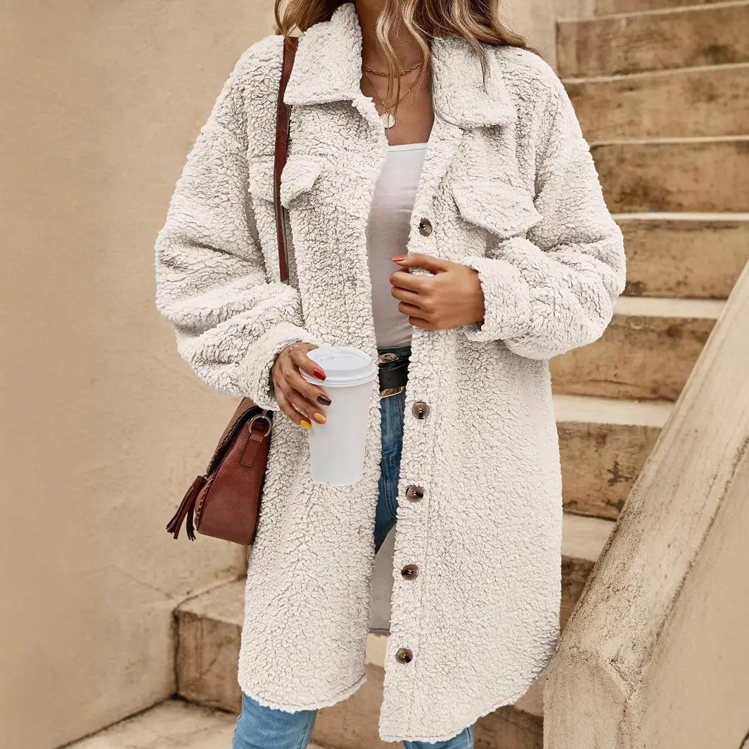 معطف نسائي طويل مفتوح بأزرار وطية صدر السترة من ألياف البوليستر الناعمة متوسط الطول لون نقي ملابس خارجية شتوية معطف نسائي Faion