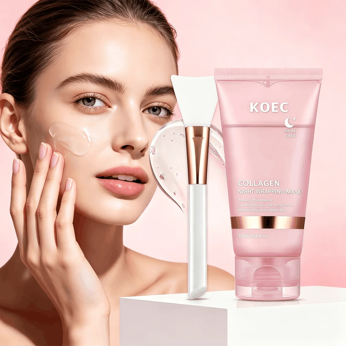 KOEC Collagen Night Wrapping Face Mask, 75ml Peel-Off Facial Mask with Silicone Application Brush, Overnight Skincare Mask