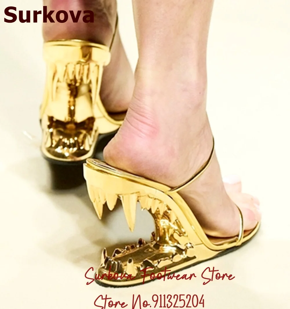 

Surkova Gold Silver Black Teeth Shaped Strange Heel Sandals Mirror Leather Thin Strap Wedge Slip-on Slippers Unique Dress Shoes