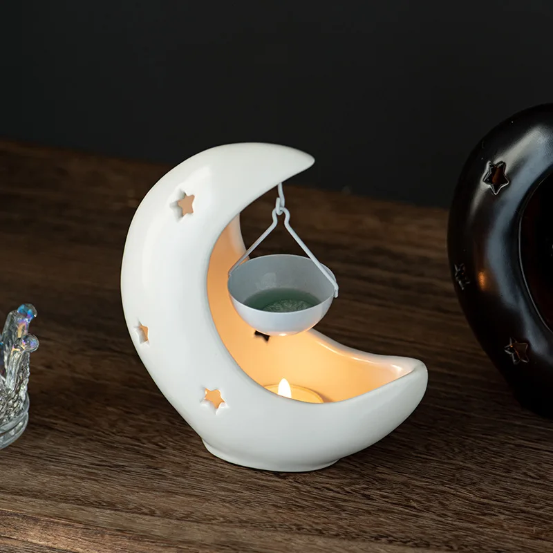 Moon Shape Ceramic Essential Oil Burner, with Hanging Pot & Tea Light Warmer, for Aromatherapy Home Decor Bedroom Christmas Gift