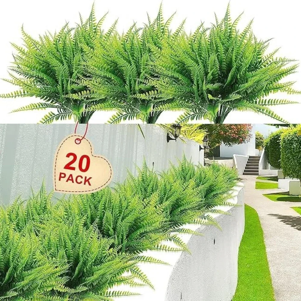 20pcs Artificial Plants Outdoor Faux Boston Fern Spring Decor Plant UV Resistant Plastic Shrubs for Gardens Yards Home Decor