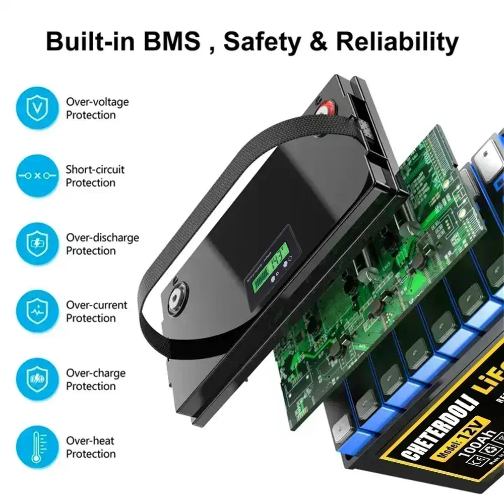 CHETERDOLI Original 12V 100Ah LiFePO4 Battery Built-in BMS Lithium Iron Phosphate Cells For RV Campers Golf Cart Solar Storage
