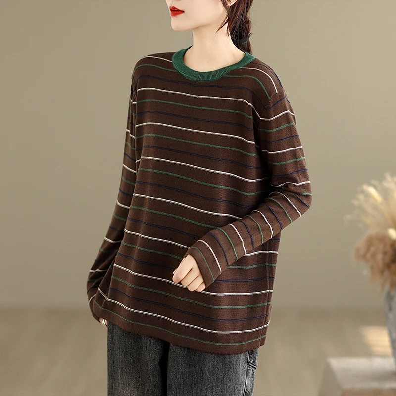 Maglione di lana ultra morbida rotondo strato base Ne calore patchwork a righe dimagrante pendolarismo da donna misto lana poliestere