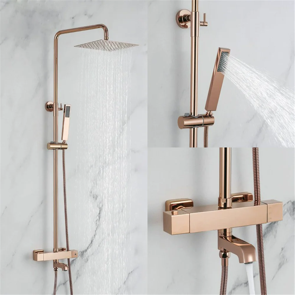 

Rose Gold Thermostatic Bathtub and Shower Faucet Gold Bath Shower Set Brass Black Rainfall Shower & Hand shower Faucet Set