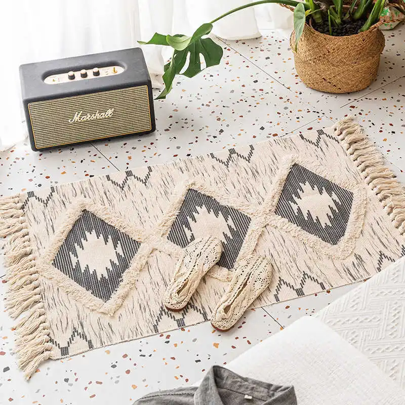 

Nordic Cotton Linen Carpet Bohemian Ethnic Entrance Doormat Geometric Tufted Tassels Floor Mat