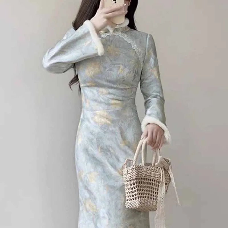 Autumn Winter Women Qipao Vintage Button Mandarin Collar Cheongsam Warm Fleece-Lined Chinese Dress Print Flower Banquet Vestidos