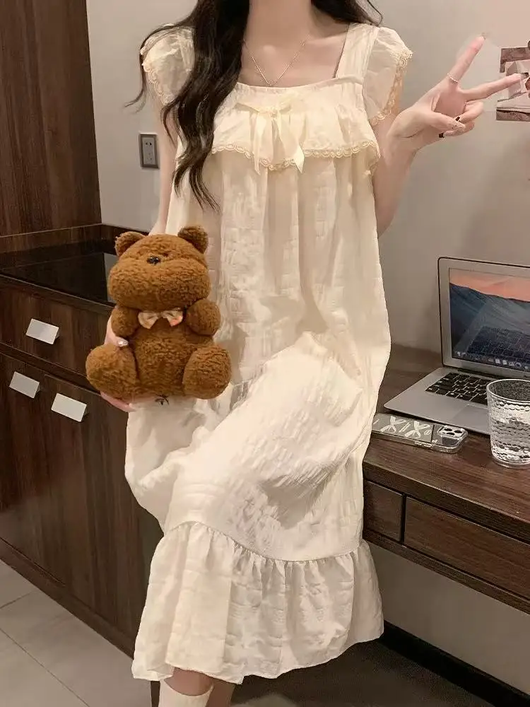 Princess Style Sleep Dress with Chest Pad Summer New Arrival Lightweight Cloud Cotton Thin Home Clothes  Little Fly Sleeve