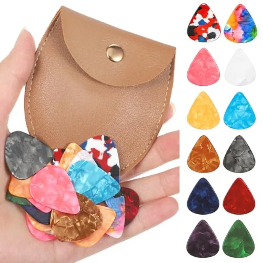 Guitar Picks for Acoustic and Electric Guitars, Bass, Ukulele 30 PCS Triangle Picks with Genuine Leather Storage Bag, Brown Lea