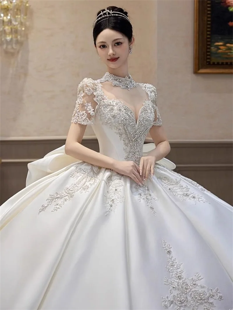 Elegant Satin Ball Wedding Dress Shiny Crystals Beaded High Neck Short Sleeves Bridal Gown Boho Beach Garden Robe De Mariée