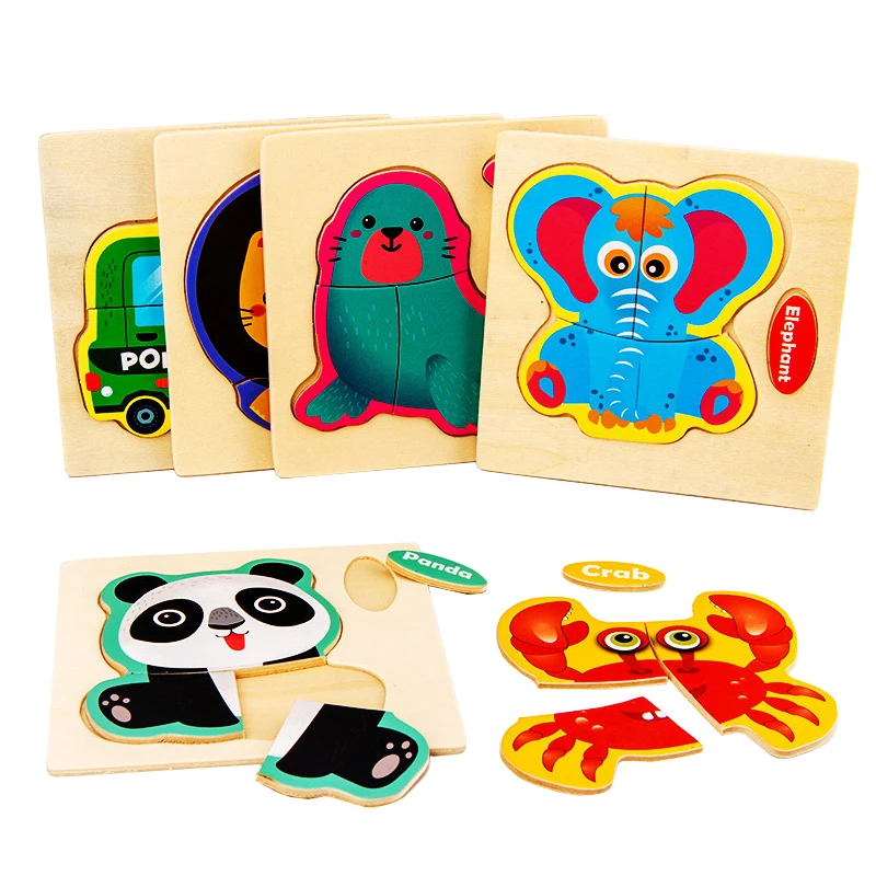 1pc 10.5cm Wood Jigsaw Puzzle Cartoon Animal Vehicle 3D Puzzles Game Kids Learning Educational Toys for Children