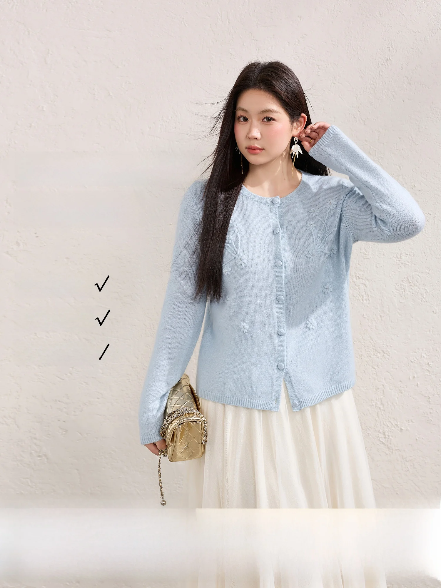 

Blue Language Large Size Wool Blend Knitted Hooked Flower Sweater Women's Spring New Sle Soft Sle Straight Cut Long Sv...