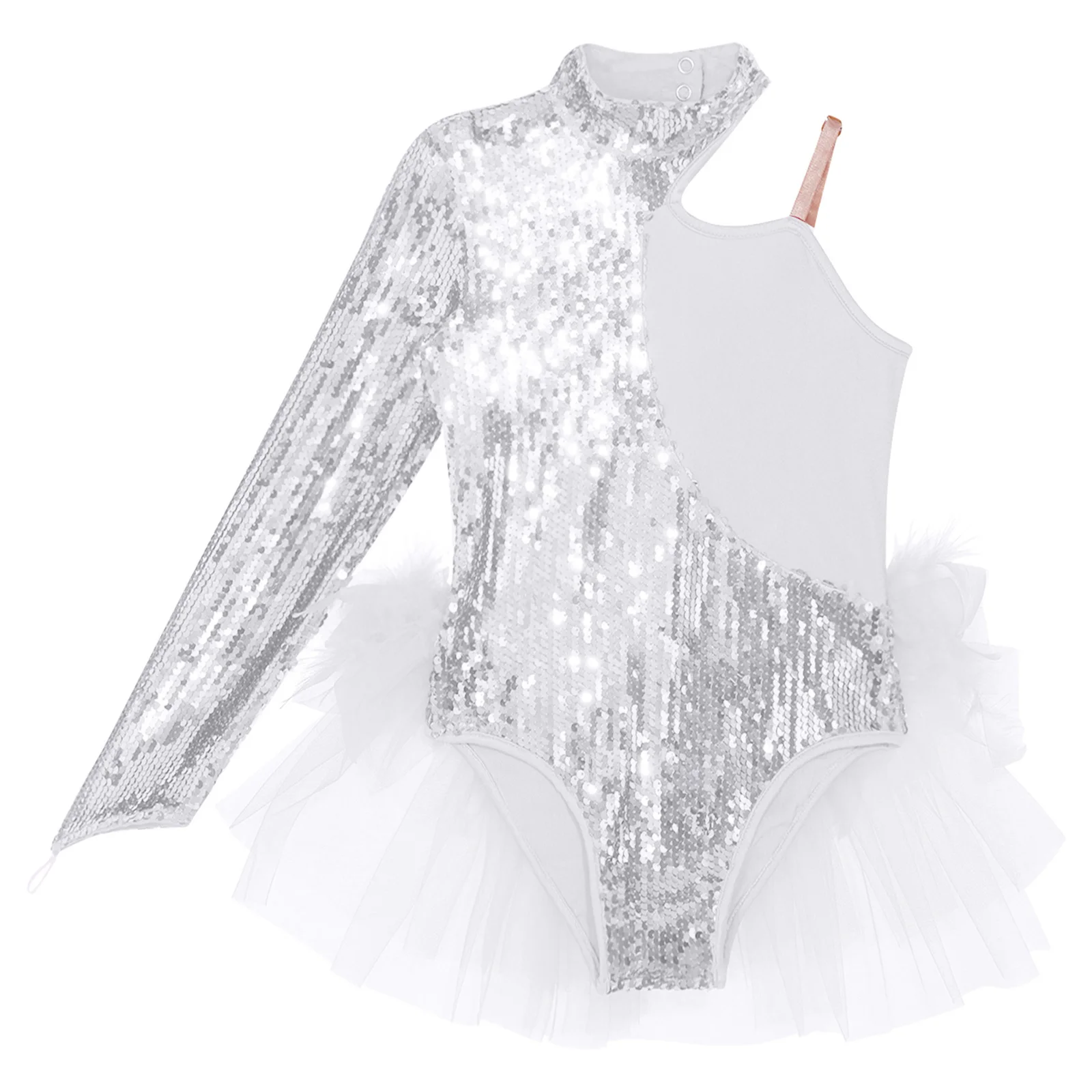 Kids Girls Figure Ice Skating Gymnastics Bodysuit Ballet Dance Tutu Leotard Shiny Sequin Skirted Jumpsuit for Stage Performance