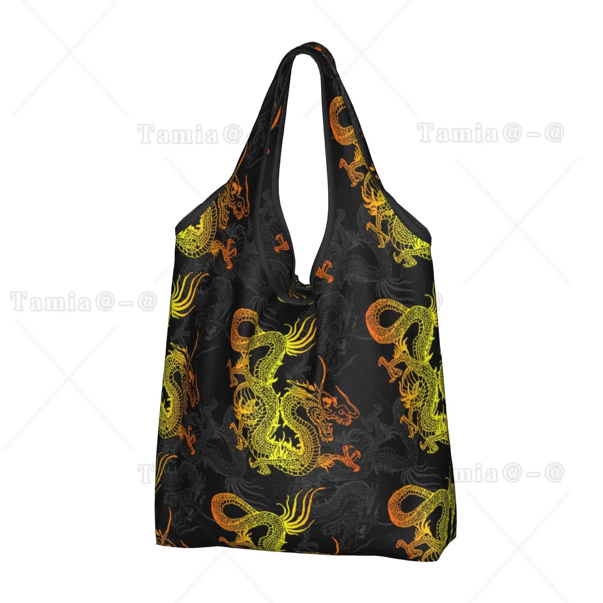 Custom Golden Chinese Dragon Pattern Shopping Bags Portable Big Capacity Groceries Japanese Oriental Mythical Tote Shopper Bags