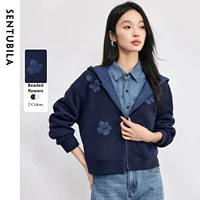 SENTUBILA Sudadera con capucha de punto para mujer, Colección Otoño 2026, con bloques de color, hombros caídos, corte holgado, manga larga, ropa exterior 153WC2565