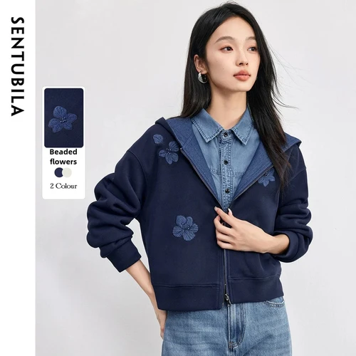 Imagen 1 del producto SENTUBILA Sudadera con capucha de punto para mujer, Colección Otoño 2026, con bloques de color, hombros caídos, corte holgado, manga larga, ropa exterior 153WC2565