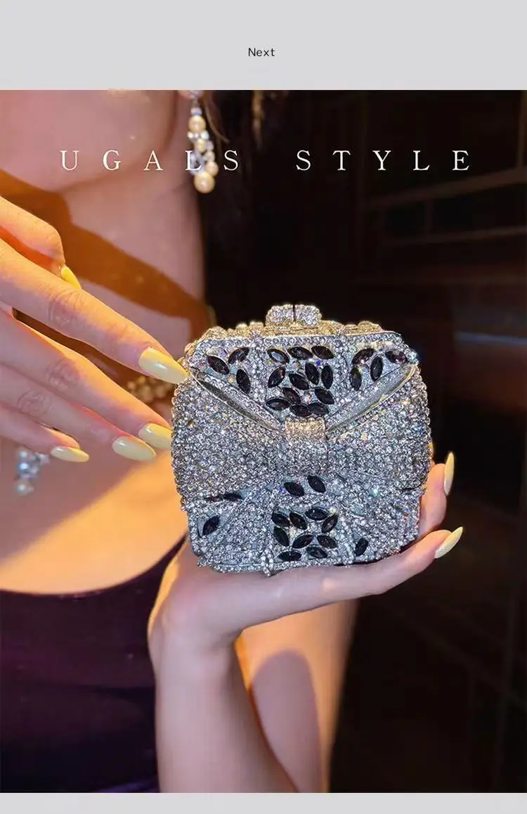 Luxury Crystal Rhinestones Diamond Evening Bag Glitter Bow Knot Mini Clutch Purse Women Handbag Fashion Banquet Bag Shoulder Bag