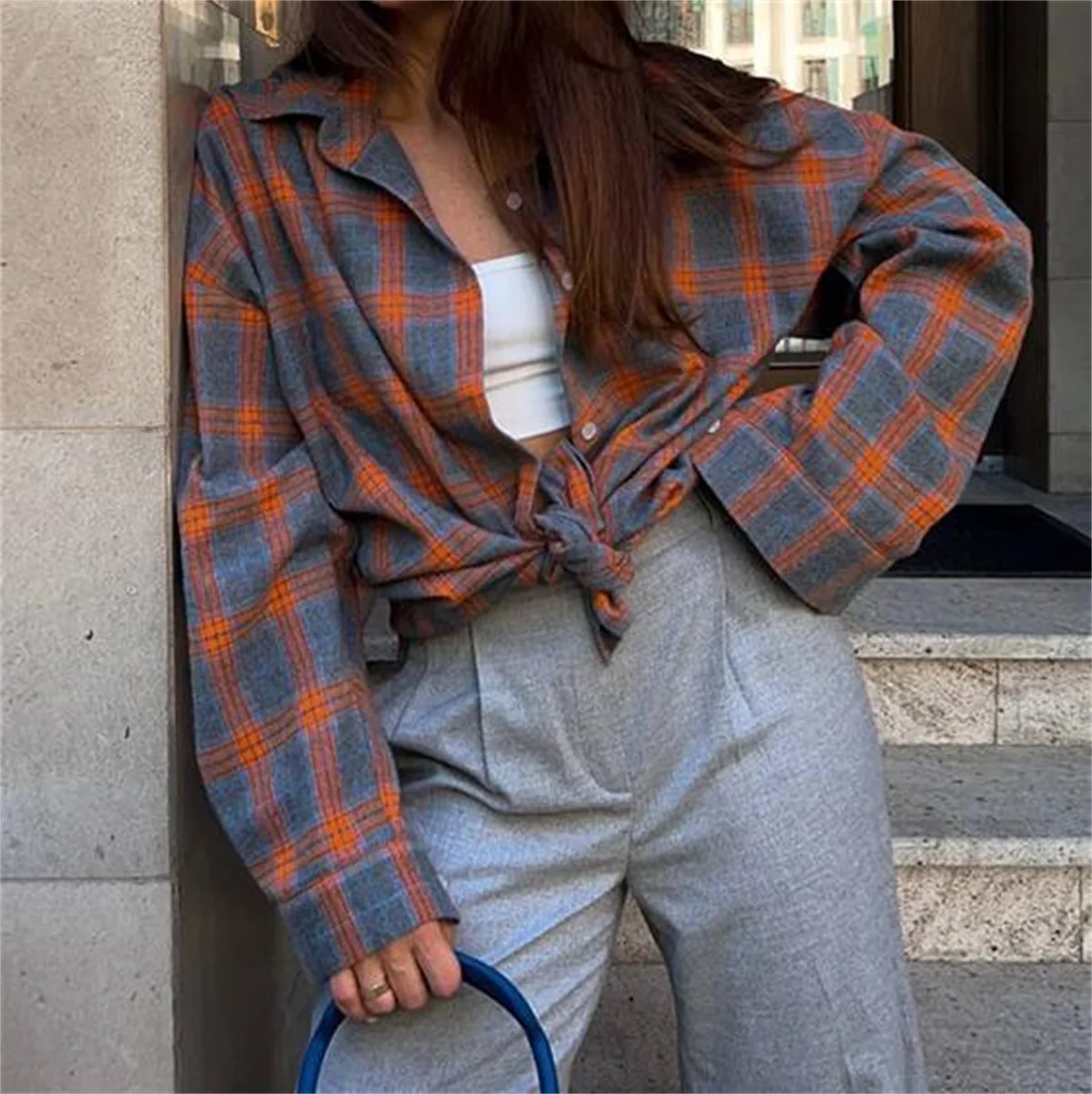 Women Vintage Basic Long Sleeve Shirt Oversized Lapel Loose Shirts Plaid Fashion Autumn Tops Casual Fit Blouse Korean Style 2024