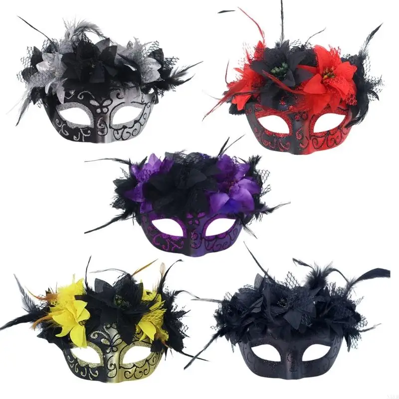 N5KB Halloween gefiederte Maske Masquerade Dekoration Maske Halloween Kostümdekoration Accessoires für Männer Frauen Cosplay