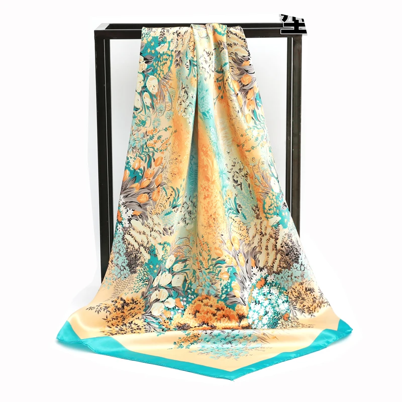 Neue Seide Quadrat Schal Frauen Designer Floral Print Satin Schals für Dame Foulard Bandana Schals Weibliche Halstuch 90 cm Hijab – Detail 8