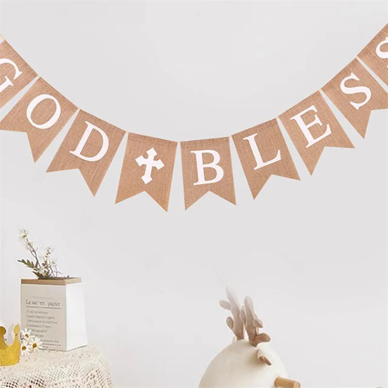 Baby Baptism Banner Decoration GOD BLESS Blessings Baby Baptism Linen Pulling Flag Swallowtail Flag Birthday Party Decor Flag