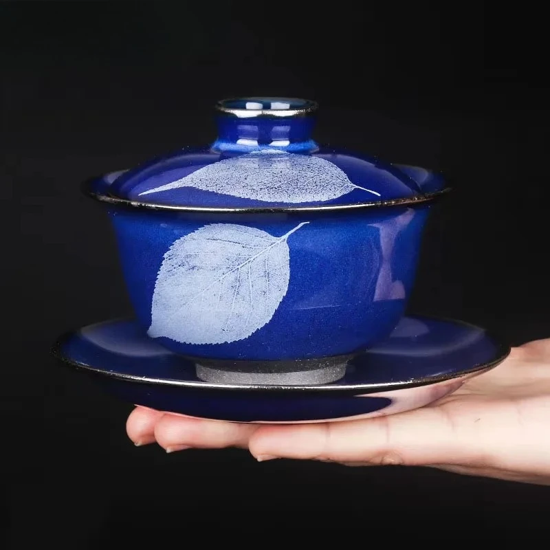 

175ml Handmade Kiln Change Tianmu Glaze Sapphire Gaiwan Zen Tureen Tea Bowl With Lid Kit Maker Cover Bowl Collection