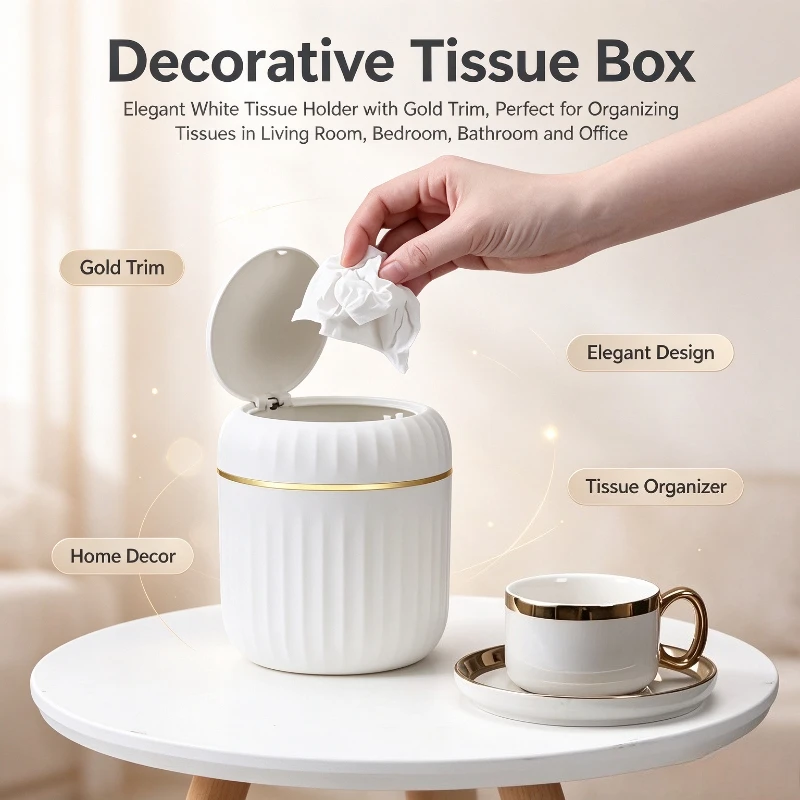 1PC Light Luxury Press Desktop Trash Can With Lid Mini Small Waste Bin For Coffee Table Office Living Room Study